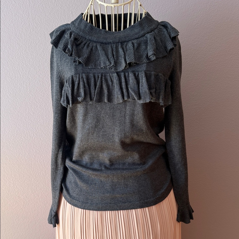 J. Crew Charcoal Knit Top with Ruffle Accents